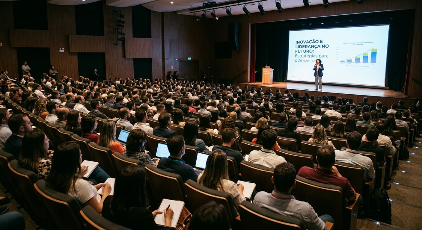 Plateia acompanhando uma palestra em auditório lotado