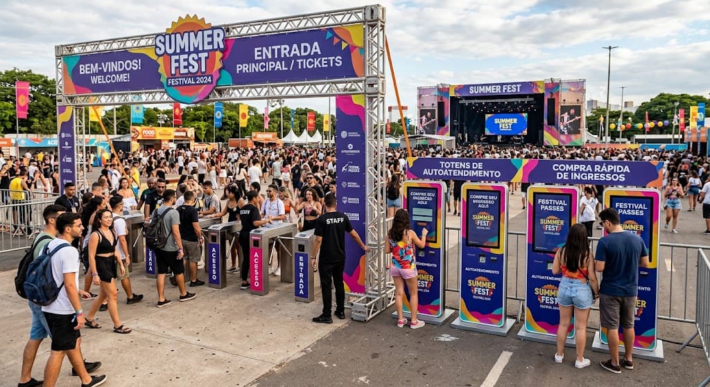 Totens de autoatendimento na entrada de um festival de música